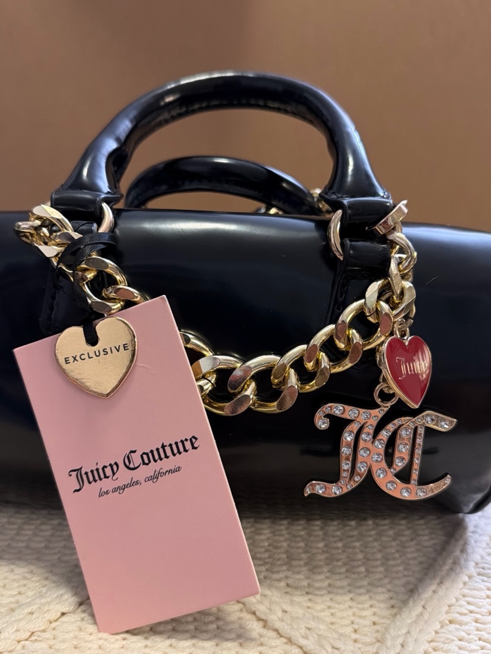 Juicy Couture Black Patent Mini Barrel Satchel with Gold Chain